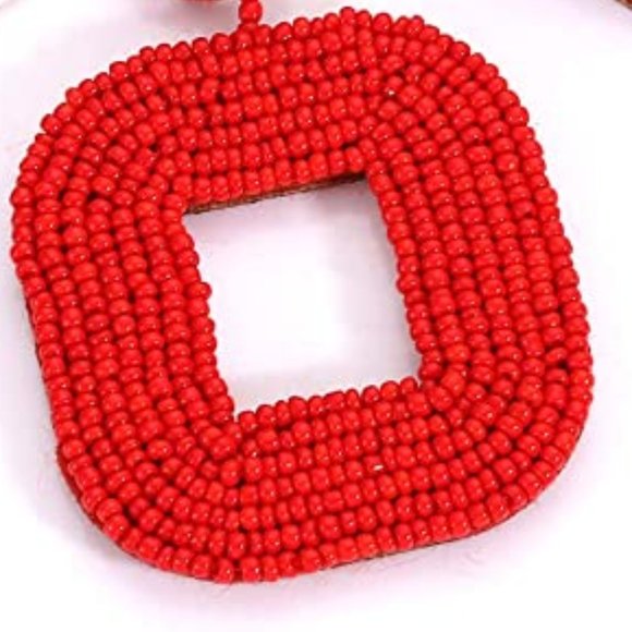 Oversized 3" Bright Red Handmade Beaded Dangle Earrings Post New Handcrafted - Picture 5 of 7